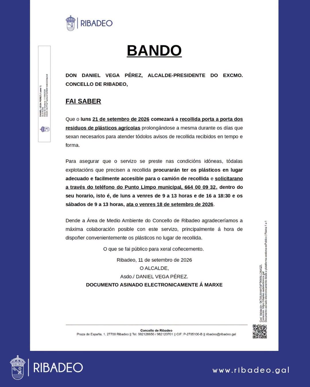 O 21 de setembro dará comezo unha nova recollida porta a porta dos plásticos agrícolas en Ribadeo.