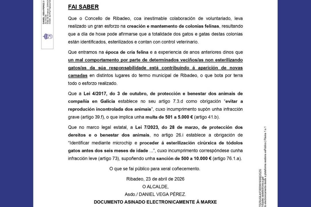 Ribadeo lembra a través dun bando a obriga de esterilizar os gatos por parte dos particulares.