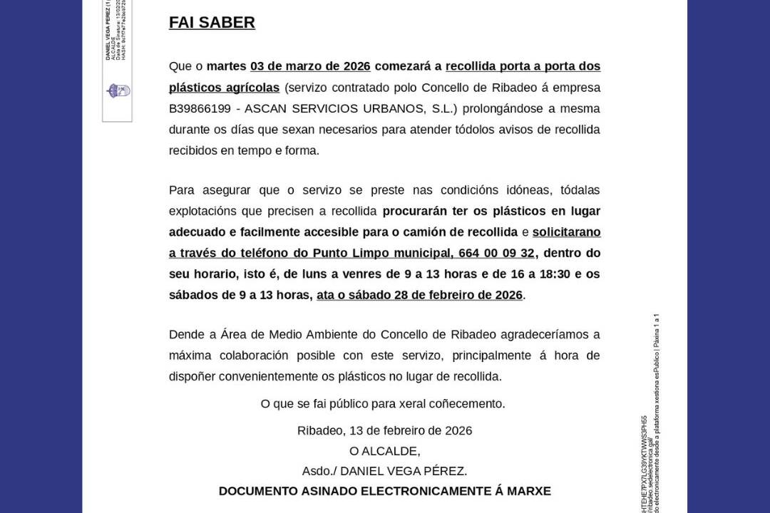 O 3 de marzo dará comezo unha nova recollida porta a porta dos plásticos agrícolas en Ribadeo.