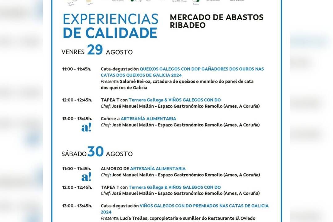 Chega a Ribadeo Experiencias de Calidade. Os días 29 e 30 de agosto haberá degustacións na Praza de Abastos.