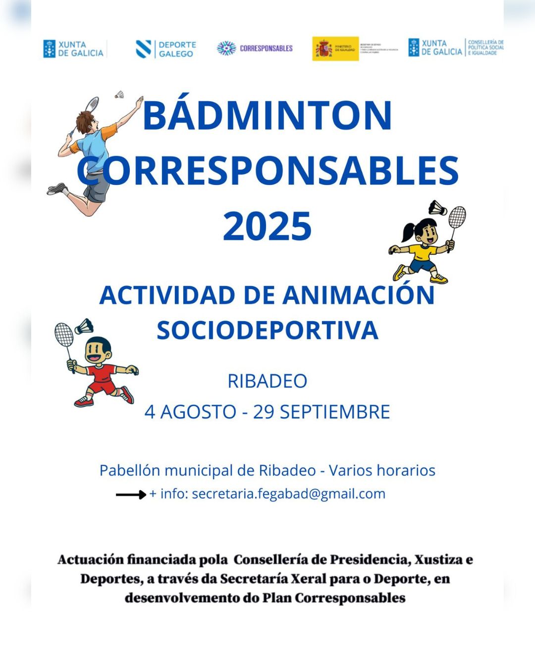 O pavill&oacute;n municipal de Ribadeo acolle ata o 29 de setembro unha actividade de animaci&oacute;n sociodeportiva B&aacute;dminton Corresponsables 2025.