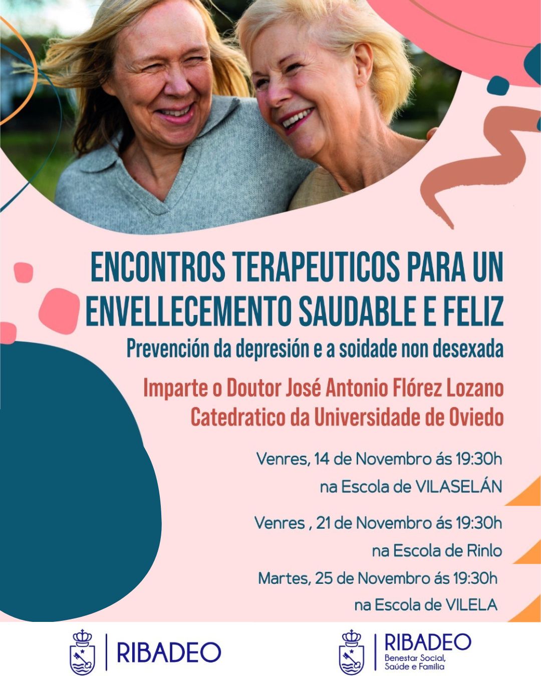 A Concellería de Benestar Social de Ribadeo organiza en novembro Encontros terapéuticos para un envellecemento saudable e feliz nas parroquias de Vilaselán, Rinlo e Vilela.
