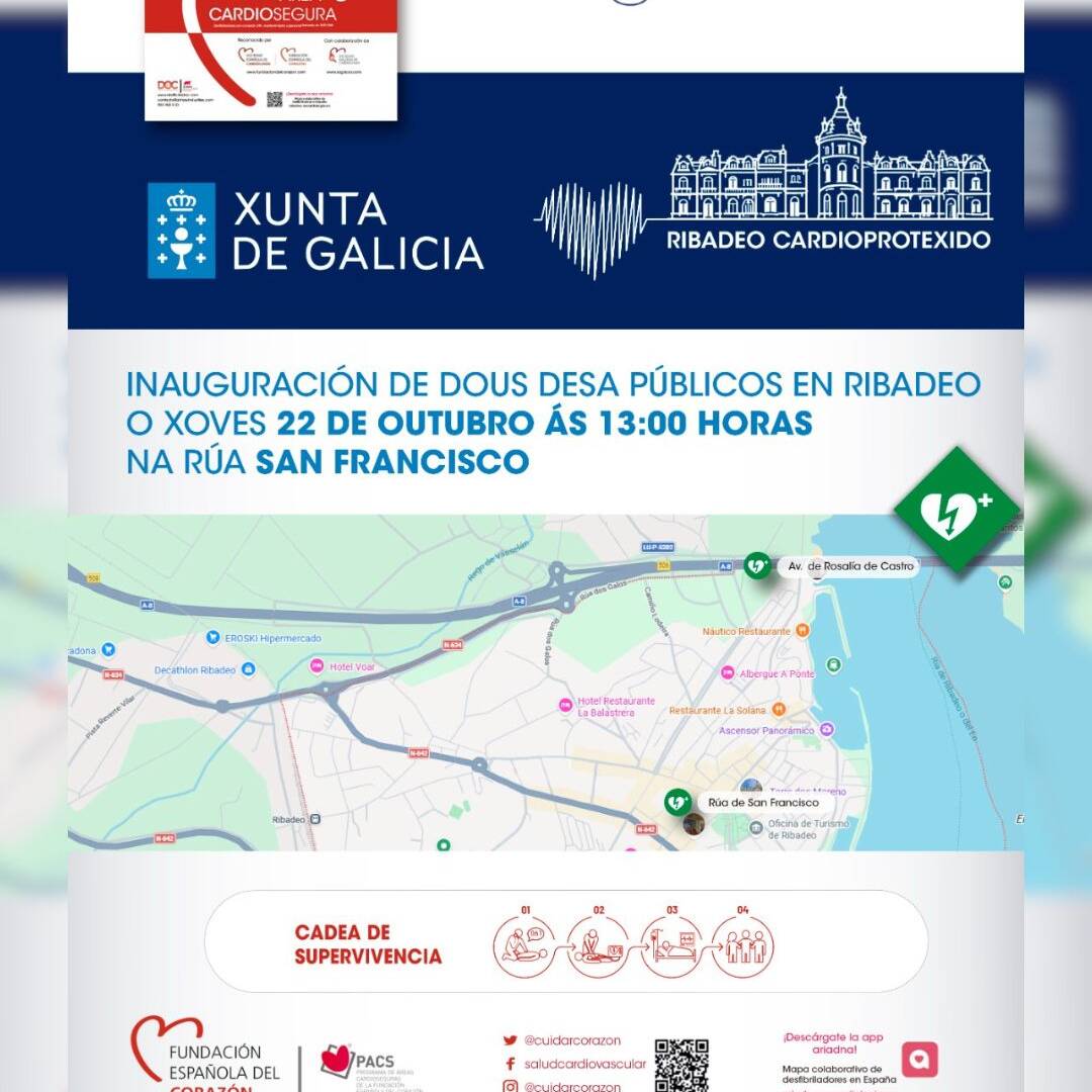 Ribadeo inaugura dous desfibriladores públicos e aposta pola formación da cidadanía para salvar vidas.