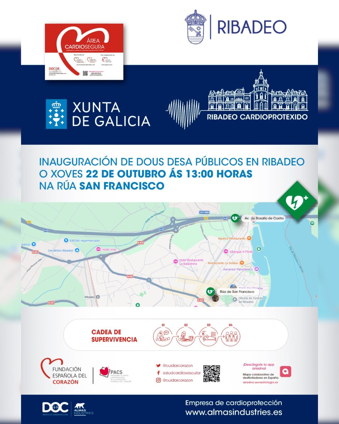 Ribadeo inaugura dous desfibriladores públicos e aposta pola formación da cidadanía para salvar vidas.