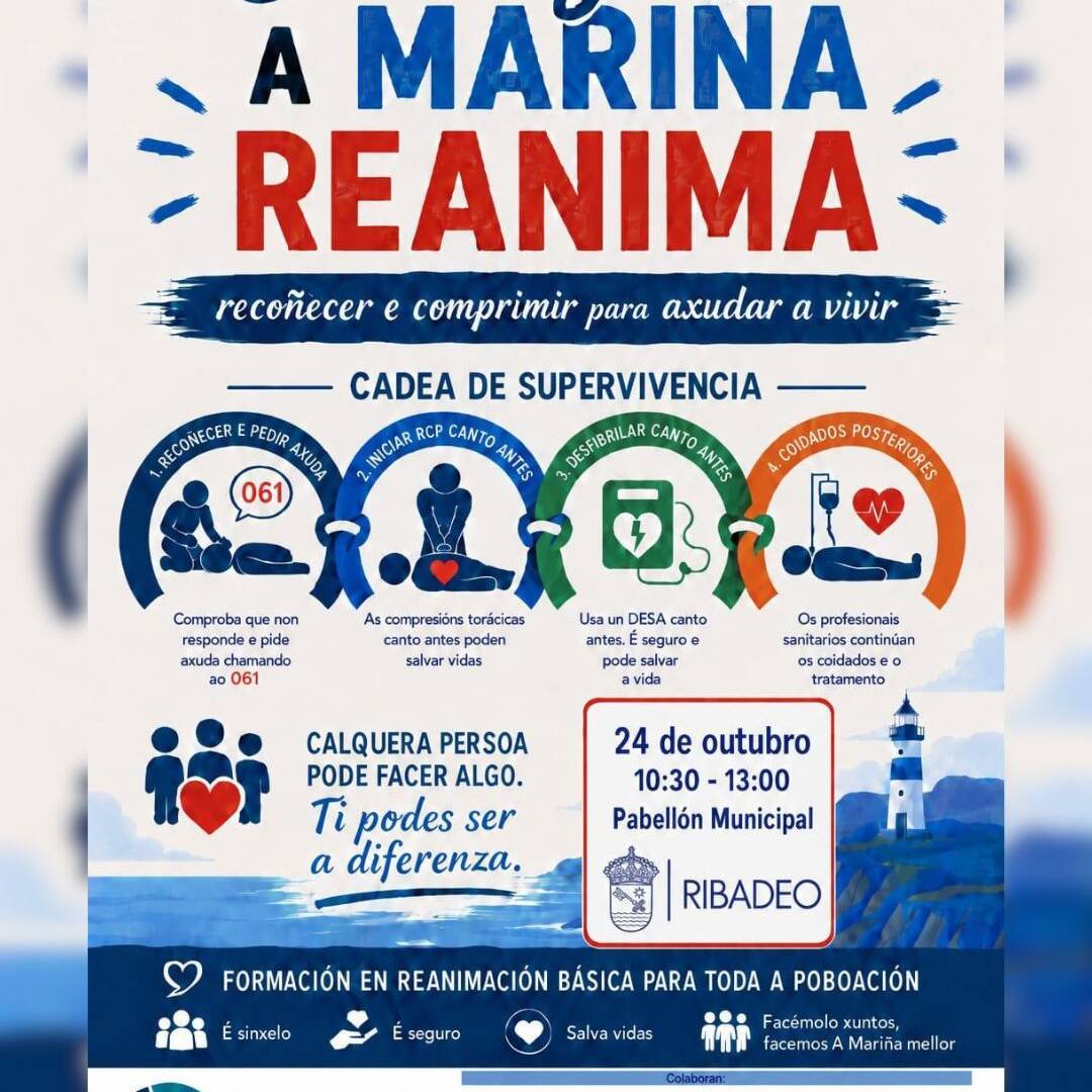 Ribadeo acollerá o 24 de outubro unha formación aberta á cidadanía para aprender a utilizar desfibriladores e facer reanimación cardiopulmonar