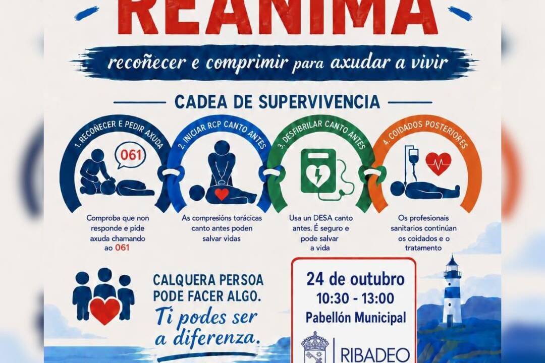 Ribadeo acollerá o 24 de outubro unha formación aberta á cidadanía para aprender a utilizar desfibriladores e facer reanimación cardiopulmonar
