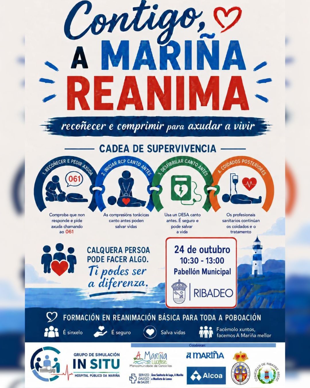 Ribadeo acollerá o 24 de outubro unha formación aberta á cidadanía para aprender a utilizar desfibriladores e facer reanimación cardiopulmonar